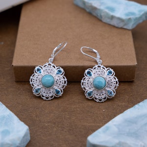 Larimar Flower Earrings, Sterling Silver Larimar and Blue Topaz Earrings for woman, Flower Larimar Earrings for Girl, Blue Gemstone Earrings