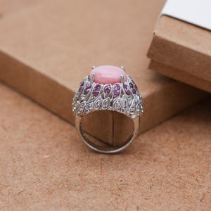 Peru Pink Ring with Rhodolite and White Topaz, 925 Sterling SilverNatural Pink Stone Statement Ring Wedding Gift for Her