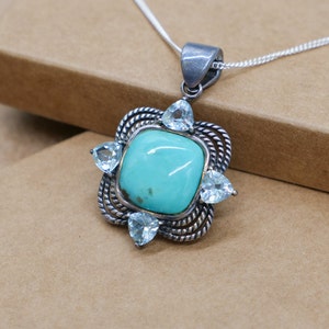 Silber Türkis Halskette mit Blautopas für Damen, Sterling Silber Vintage Anhänger mit Türkis, handgemachter Blauer Edelstein Anhänger für sie