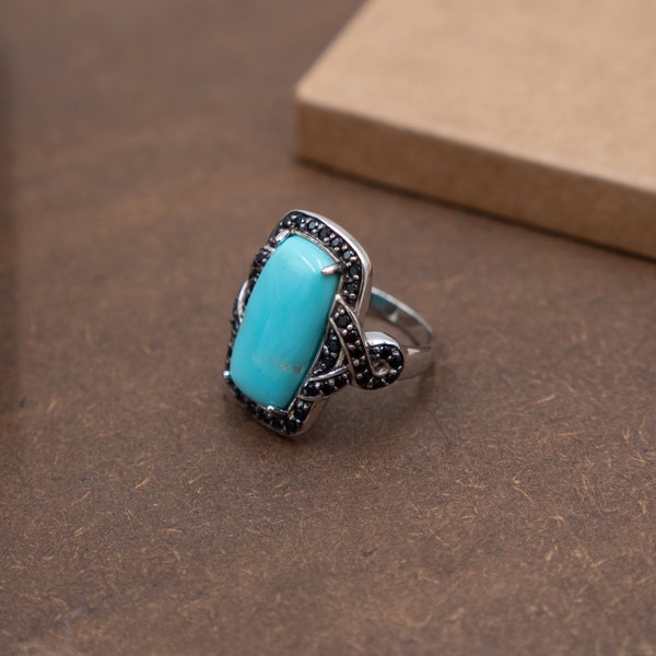 Turquoise Ring for woman, Sterling Silver Turquoise Ring with Black Spinel, Blue Gemstone Infinity Knot Ring Gift, Beach Wedding Jewelry