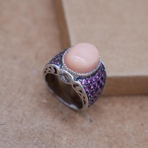 925 Sterling Silver Peru Pink Opal ring with Rhodolite Garnet & White Topaz, Vintage Statement Ring with Pink Gemstone, Gift for Her wedding