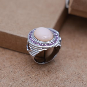 Silver Pink Opal Ring with Garnet and Rhodolite Gemstones, Handmade Vintage Statement Ring with Pink Gemstone, Gift for Her wedding