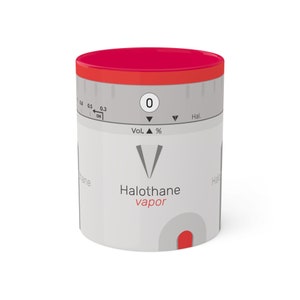 May include: A white cylinder with a red top and a gray label. The label reads "Halothane vapor" and has a scale with numbers and markings. The cylinder has a red stripe around the bottom.