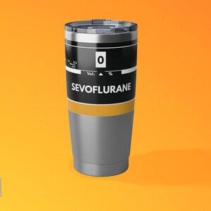May include: A stainless steel tumbler with a black and gold label that reads "SEVOFLURANE" and has a gauge with a reading of "0".