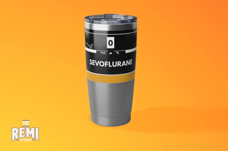 May include: A stainless steel tumbler with a black and gold label that reads "SEVOFLURANE" and has a gauge with a reading of "0".
