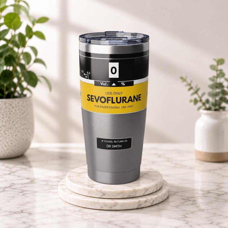 Puede incluir: Un vaso de acero inoxidable con tapa transparente que presenta una banda amarilla con el texto USE ONLY SEVOFLURANE FOR PROFESSIONAL USE ONLY y un recuadro negro con IF FOUND, RETURN TO DR SMITH. La parte superior muestra 0 Vol. %.