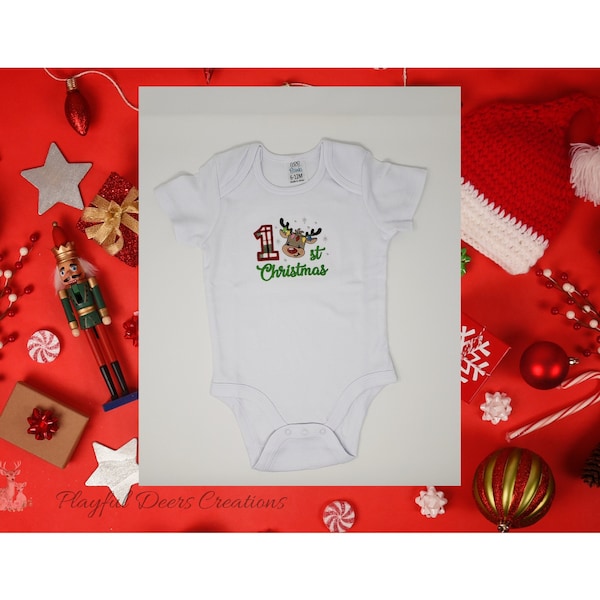 Baby First Christmas Outfit, Christmas Bodysuit, Adorable Embroidered Baby Bodysuit, Embroidered Reindeer Applique Design, a Great Baby Gift