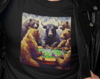 LIMITED EDITION &quot;Bull Among Bears&quot; Impressionist Art Crypto Bitcoin Investing Bull Market Wall Street Trader&#39;s Tee