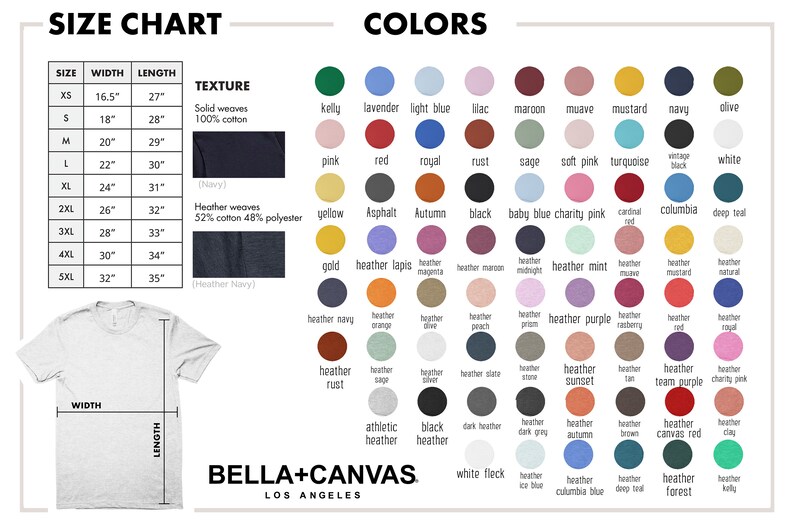 May include: Size chart and color chart for Bella + Canvas t-shirts. The chart shows the different sizes, widths, and lengths of the shirts, as well as the different fabric textures. The color chart shows a variety of colors, including heather colors.
