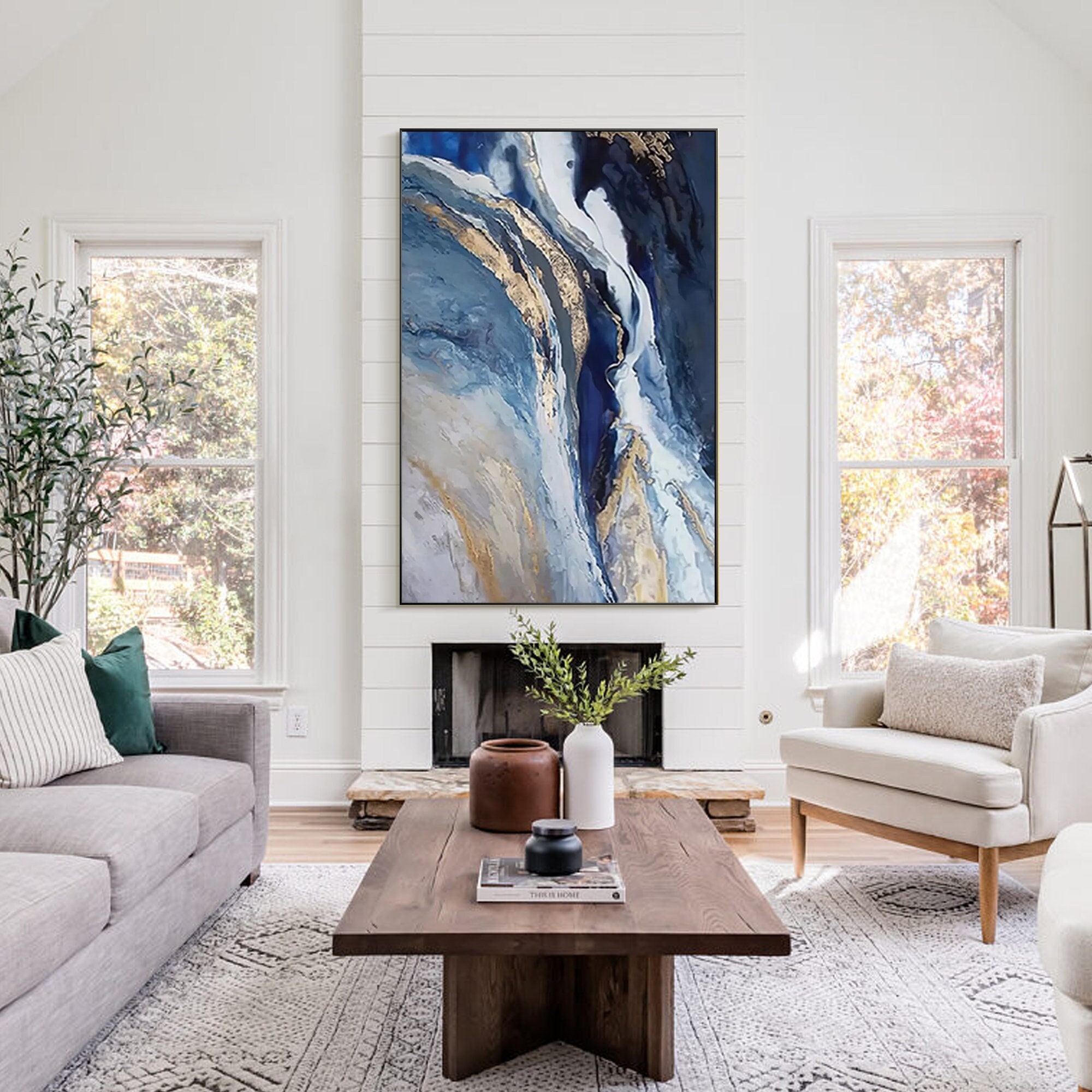 Navy Blue Gold Wall Art Abstract Blue and Gold Painting Large Etsy