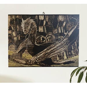 Impression sur toile de Smaug et Bilbo pyrogravés à l'intérieur de la montagne solitaire (16 x 20 pouces)