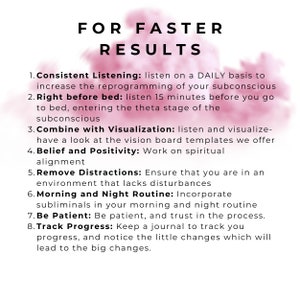 Puede incluir: Gr&aacute;fico rosa y blanco con el texto "FOR FASTER RESULTS" y una lista de ocho consejos para lograr resultados m&aacute;s r&aacute;pidos: Escucha constante, Justo antes de acostarse, Combinar con la visualizaci&oacute;n, Creencia y positividad, Eliminar las distracciones, Rutina de ma&ntilde;ana y noche, Ser paciente y Seguimiento del progreso.