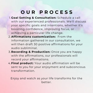 May include: A graphic with a white background and a pink and blue gradient overlay. The text "OUR PROCESS" is in large, bold, black letters. The text below describes a four-step process for creating personalized audio affirmations: Goal Setting & Consultation, Affirmations Customization, Recording & Production, and Final Product.