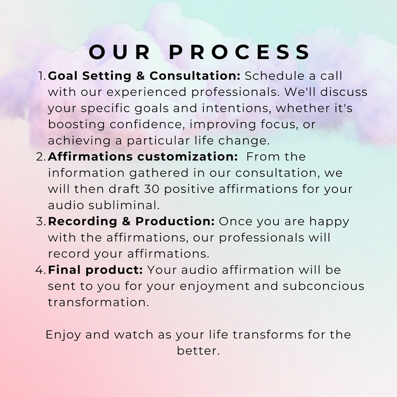 May include: A graphic with a white background and a pink and blue gradient overlay. The text "OUR PROCESS" is in large, bold, black letters. The text below describes a four-step process for creating personalized audio affirmations: Goal Setting & Consultation, Affirmations Customization, Recording & Production, and Final Product.