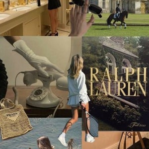 Puede incluir: Un collage de im&aacute;genes que muestran moda, decoraci&oacute;n del hogar y viajes. El collage incluye un bolso de mano de cuero negro, una mujer con un vestido negro, un tel&eacute;fono vintage, una mujer con un vestido blanco y una raqueta de tenis, un coche vintage y una revista Ralph Lauren Home.