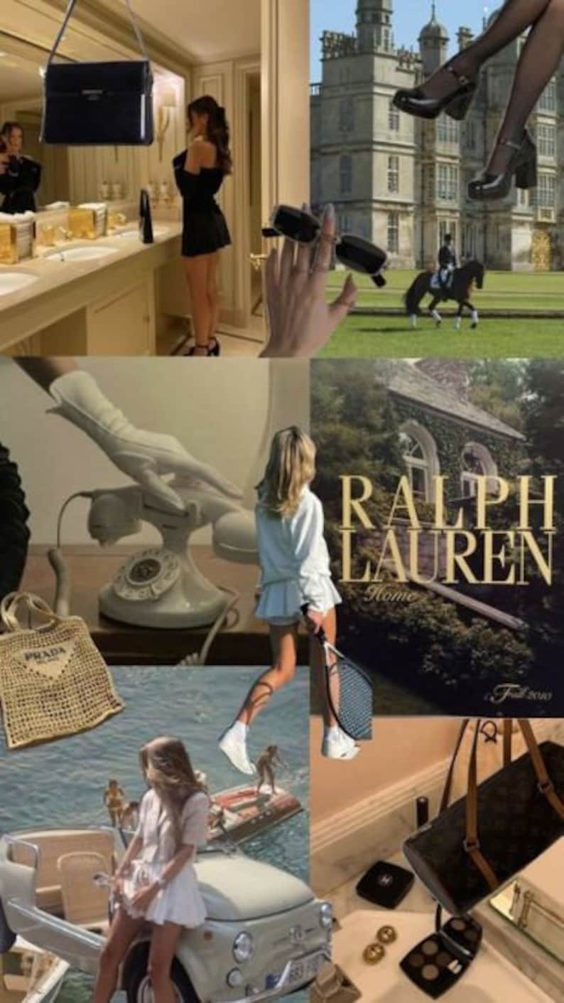 Puede incluir: Un collage de im&aacute;genes que muestran moda, decoraci&oacute;n del hogar y viajes. El collage incluye un bolso de mano de cuero negro, una mujer con un vestido negro, un tel&eacute;fono vintage, una mujer con un vestido blanco y una raqueta de tenis, un coche vintage y una revista Ralph Lauren Home.