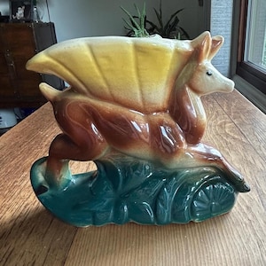 Vintage 1950s American Bisque Deer Planter, Mid Century Modern Ceramic Leaping Fawn Vase, MCM Retro Pottery Flower Pot, Kitsch Decor