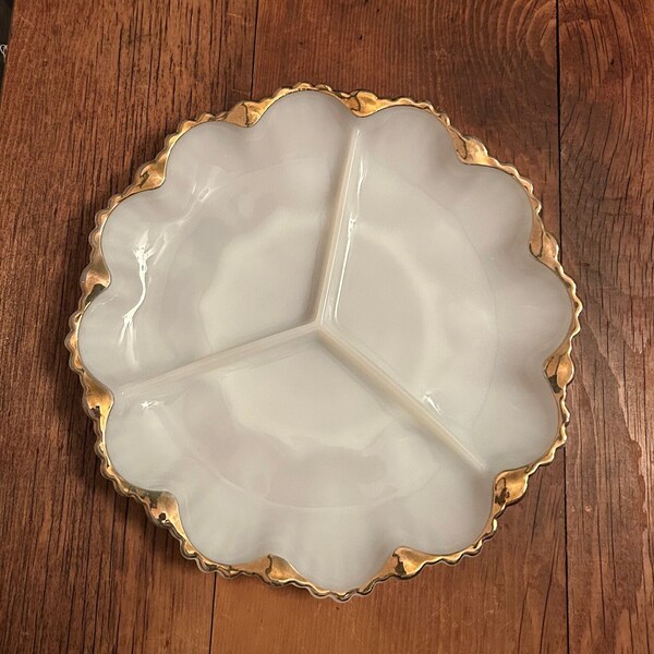 Anchor Hocking Milk Glass Divided Dish with Gold Trim