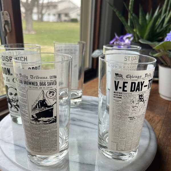 Set of 5 Historical Events Glasses, 3 Headlines from Chicago Daily Tribune and 2 from St. Louis Dispatch