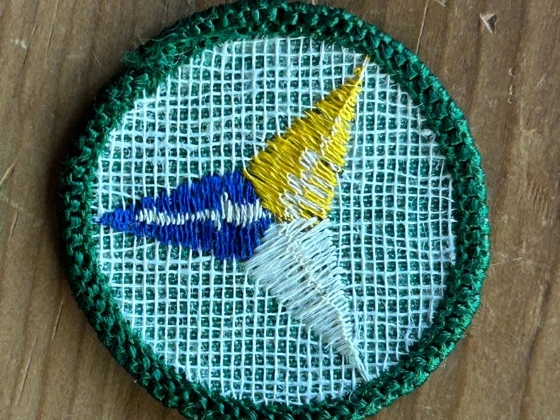 Op de afbeelding: Geborduurde patch met een groene rand en een witte mesh-achtergrond. De patch heeft een blauw-wit ontwerp met een gele accent, dat lijkt op een gestileerde pijl of embleem. De patch is rond.