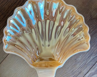 Vintage Marigold Carnival Glass Seashell Bowl, Iridescent Peach