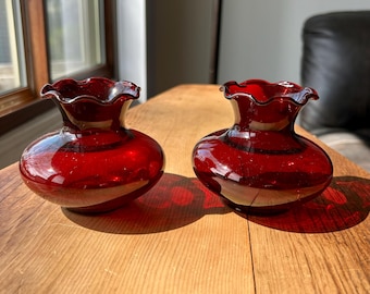Vintage Set of 2 Anchor Hocking Ruffled Royal Ruby Red Bud Vases