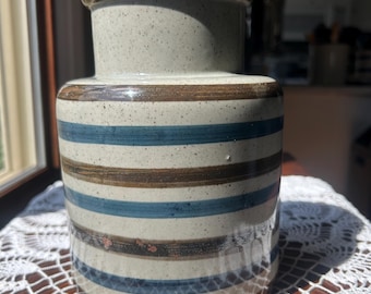 Vintage 1970s Asahi Japan Stoneware Canister Blue and Brown Striped Ceramic Kitchen Storage Jar, Unmarked