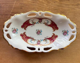 Vintage Gloria Bavaria Relish Dish – Handwork Porcelain, 22K Gold Trim Floral Trinket Bowl