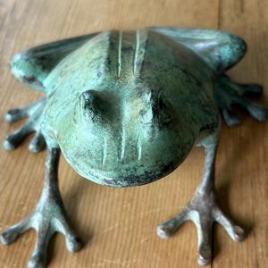 May include: A bronze-toned frog figurine with a weathered green patina finish. The sculpture features a textured surface, prominent eyes, and four splayed legs with distinct toes. The frog is depicted in a low, crouching position with visible linear markings along its back and head.
