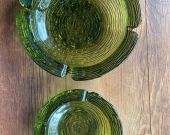 Vintage MCM Anchor Hocking Soreno Green Nesting Ashtray Set of Two - 9” & 6.25”