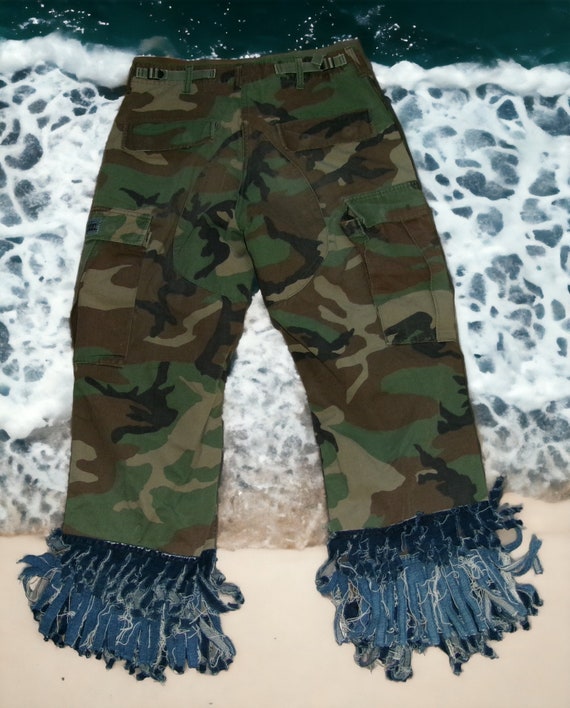 VTG Woman's Camo Pants Altered Denim Fringe Size … - image 6