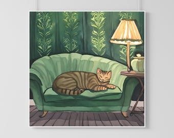 Sleeping Cat Contemporary Wall Art Minimalist Green Wall Lamp Striped Brown Cat dorm decor