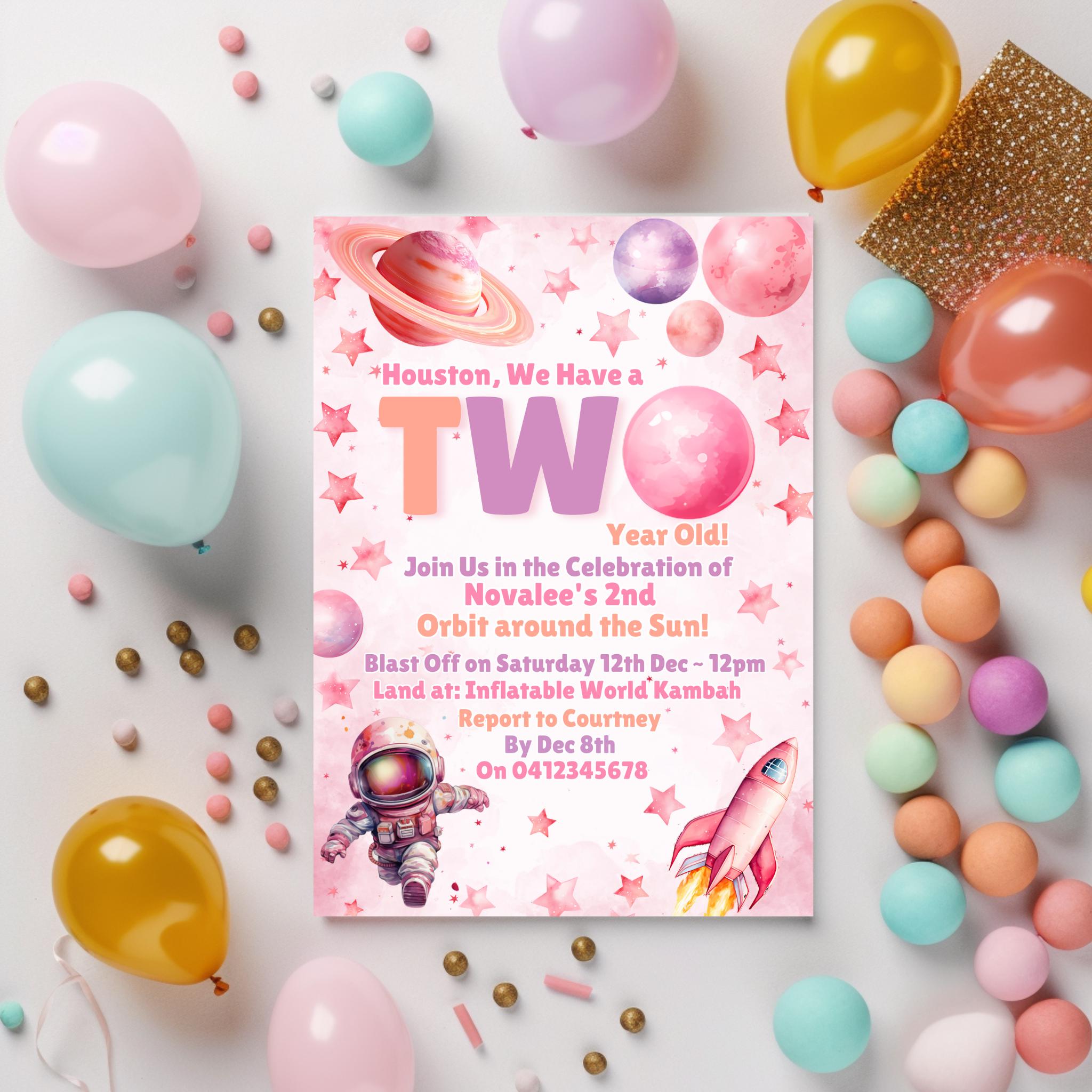 Houston We Have a Two Year Old Birthday Invite, Girls Pink Space