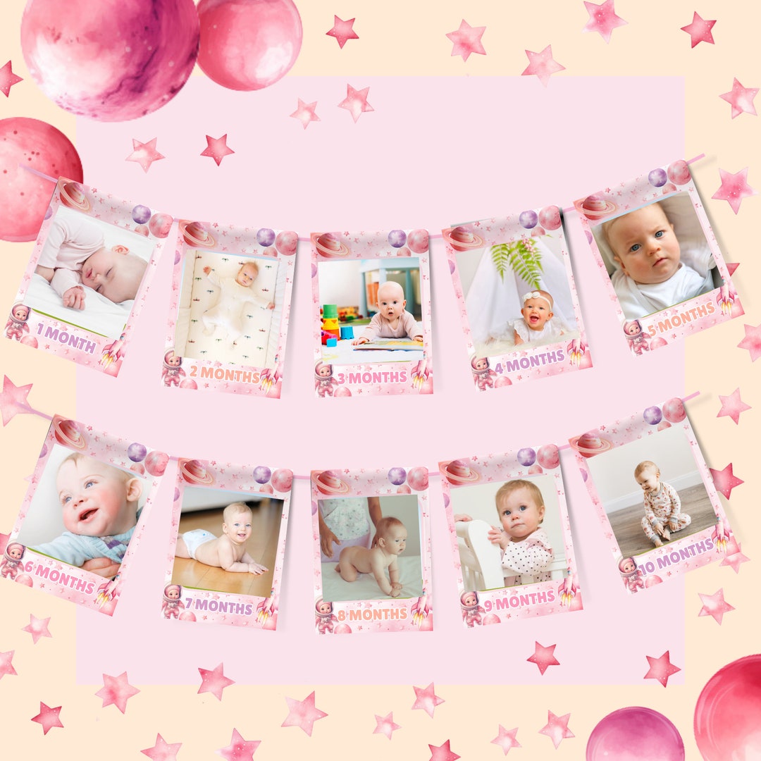 Pink Space Themed Monthly Picture Banner for 1st Birthday Party ...