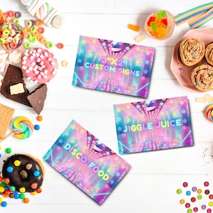 Étiquettes modifiables de table de nourriture de fête d'anniversaire de danse disco pour enfants, étiquettes de fête de danse néon, étiquettes d'article de fête, étiquettes de table de rafraîchissements