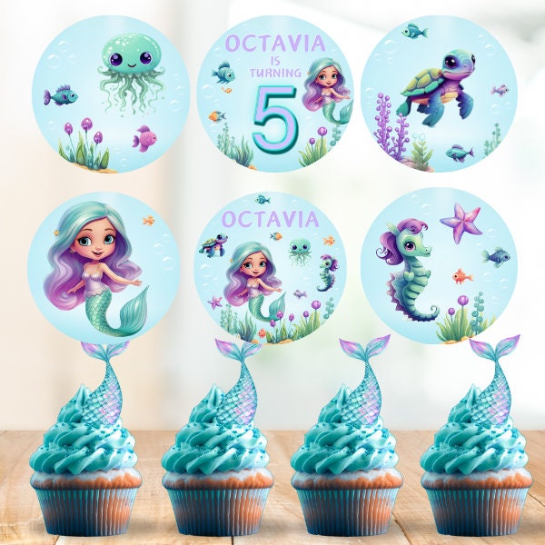 Mermaid Cupcake Toppers, Circle Mermaid Birthday Decorations, Girls Mermaids Party, Digital Party Printables
