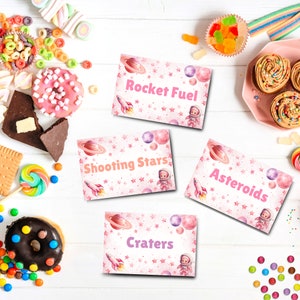 Etiquetas para comida de fiesta espacial rosa, Letreros para mesa de comida de fiesta de cumpleaños