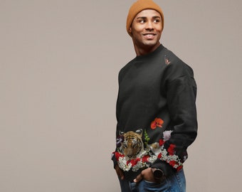 Sudadera de tigre floral, regalo amante del tigre, tigre botánico, sudadera de animales safari, camisa de tigre unisex, tigre boho indie, año del tigre