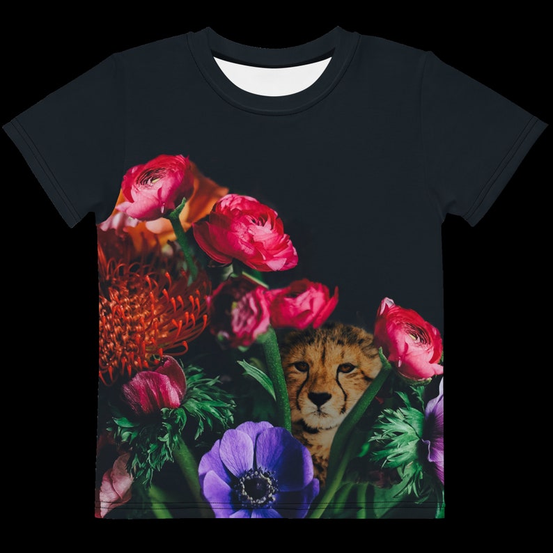 Kids Floral Animal Tshirt, Baby Cheetah Shirt, Cheetah Tshirt Kid, Toddler Cheetah Tee, Boys Cheetah Tee, Kids Jaguar, Big Cat Tee image 3