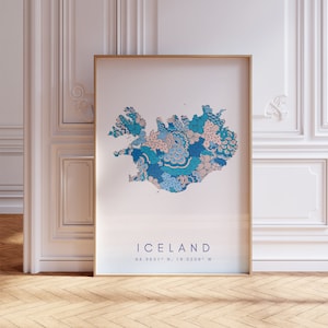 Islande Designer Map Print Blue Wall Art, Islande Art Print Decor pour la maison ou un cadeau, Islande Country Map Wall Poster, Minimal Map Print