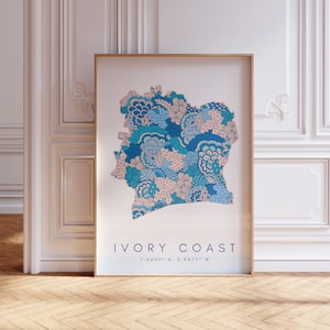 Impresión de mapa de Costa de Marfil estilo minimalista arte de pared azul pastel, decoración de impresión de arte de Costa de Marfil para el hogar o regalo, cartel del mapa del país de Costa de Marfil