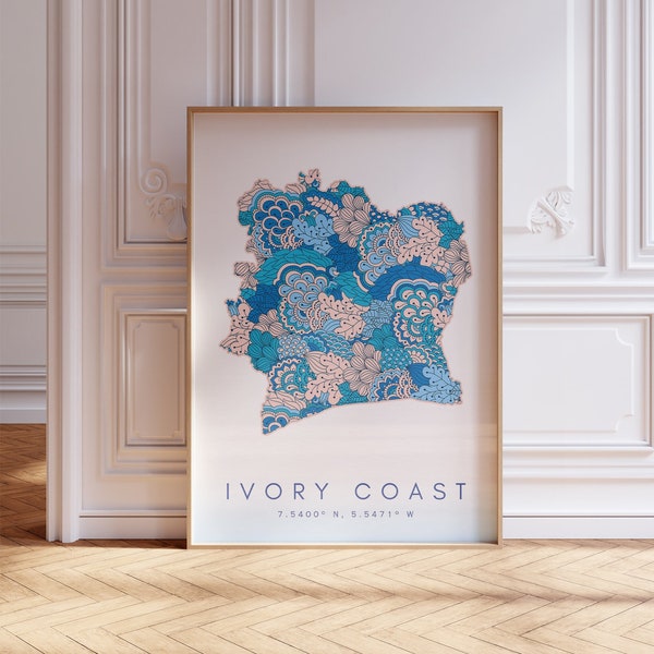 Ivory Coast Map Print Minimal Style Pastel Blue Wall Art, Ivory Coast Art Print Decor For Home or Gift, Côte d'Ivoire Country Map Poster