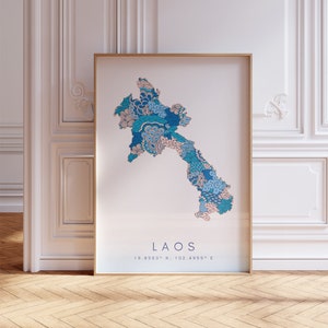 Laos Map Print Minimal Style Pastel Blue Wall Art, Laos Art Print Decor For Home or Gift, Laos Country Urban Travel Map Poster
