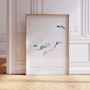 Mapa de designer das Ilhas Virgens Britânicas Imprimir arte de parede azul, Impressão de arte das Ilhas Virgens Britânicas Decoração para casa ou presente, Mapa das Ilhas Virgens Britânicas