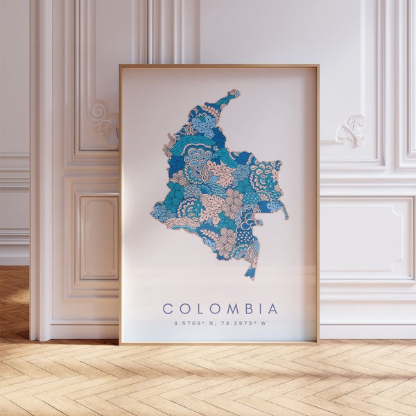 Kolumbien Designer Karte Print Blaue Wandkunst, Kolumbien Kunstdruck Dekor für Zuhause oder Geschenk, Kolumbien Landkarte Wand Poster, Minimal Map Print