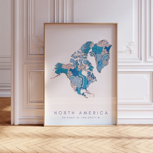 Mapa Ameryki Północnej Designer Print Blue Wall Art, Wydruk artystyczny Ameryki Północnej Dekoracja do domu lub na prezent, Mapa kontynentu Ameryki Północnej Wydruk mapy ściennej