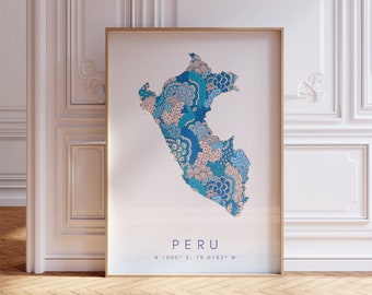 Peru Map Print Minimal Style Pastel Blue Wall Art, Peru Art Print Decor For Home or Gift, Peru Country Map Poster, Peru Color map