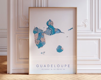 Guadeloupe Designer Map Print Blue Wall Art, Guadeloupe Art Print Decor For Home or Gift, Guadeloupe Country Map Wall Poster, Minimal Map