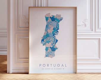 Portugal Map Print Minimal Style Pastel Blue Wall Art, Portugal Art Print Decor For Home or Gift, Portugal Map Poster, Portugal Color map