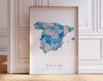 Spain Map Print Minimal Style Pastel Blue Wall Art, Spain Art Print Decor For Home or Gift, Spain Country Map Poster, Spain Wall Hanging art